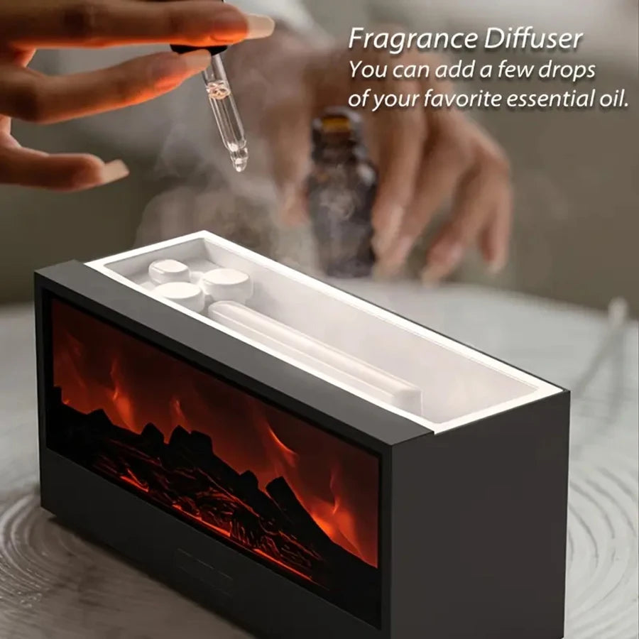 Simulated 3D flame aroma diffuser and humidifier, featuring colorful ambient lighting, remote control, and sonic technology