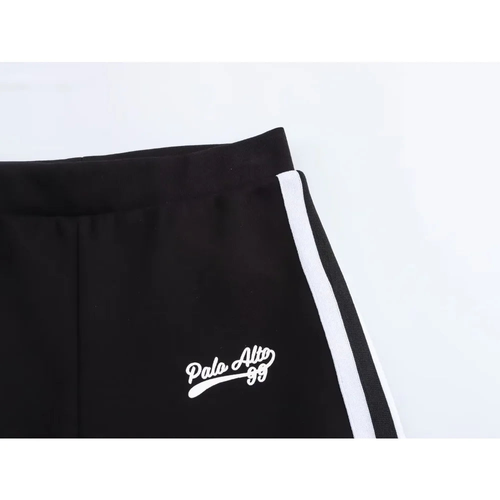 Relaxation Casual Women's Black Pants Set Embroidered Varsity Jacket Matching Varsity Flared Pants with Contrasting Side Stripes