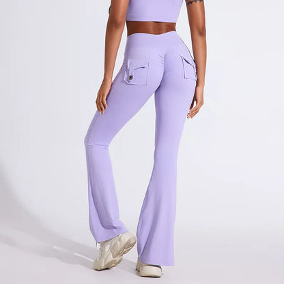 Workwear Pocket Pants, Women's Peach Bell Bottom Pants, Hip Lifting Sports Leggings, Fitness Pants, Micro Bell Bottom Pants