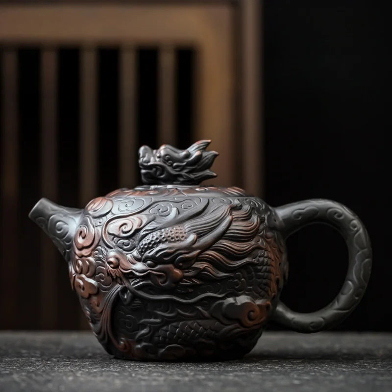 Jianshui Clay Purple Pottery Carving Dragon Teapot Hand Painted Antique Relief Teapot Household Teapot Kungfu Tea Set Kettle