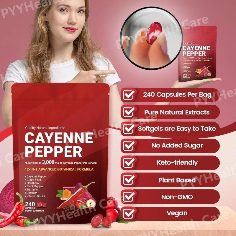 Cayenne Pepper Softgels with Grape Seed Beetroot Turmeric Vitamins D3 K2 E Herbal Supplement
