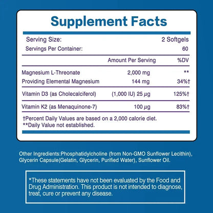 Liposomal Magnesium L-Threonate - Containing Vitamin D3 and K2, Supports Brain, Bone, Heart, Muscle and Promotes Sleep