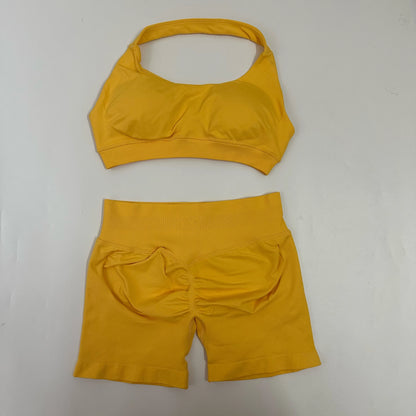 Yoga Shorts Sets Seamless Yoga Set Women 2Pcs Halter Sports Bra Scrunch Butt Gym Shorts Set Workout Clothes Summer Sportswear