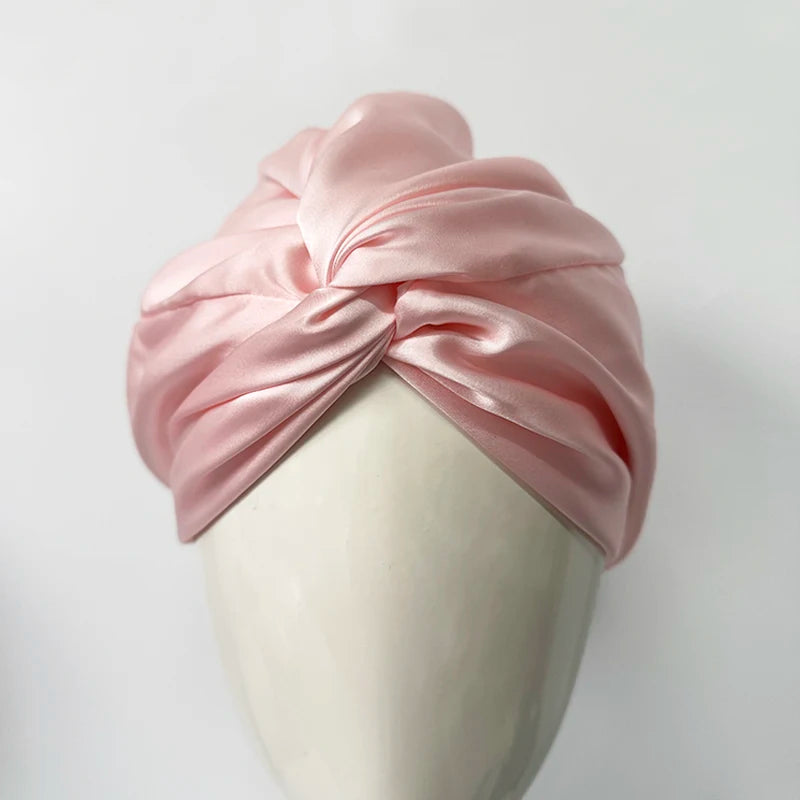 Double Layers 100% Silk Twisted Sleeping Bonnet Natural Silk Turban With Elastic Ribbon Women Headwrap For Hair Care 19Momme