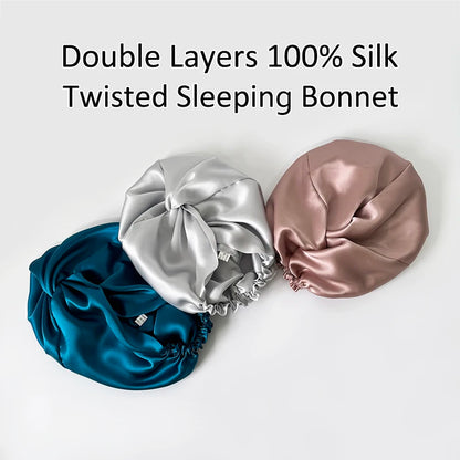 Double Layers 100% Silk Twisted Sleeping Bonnet Natural Silk Turban With Elastic Ribbon Women Headwrap For Hair Care 19Momme