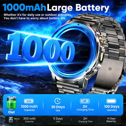 2026 New outdoor Smart watch Men 1.85 Inch AMOLED On Display 1000mAh Battery BT Call Heart Rate SpO2 Fitness Tracker Wristband