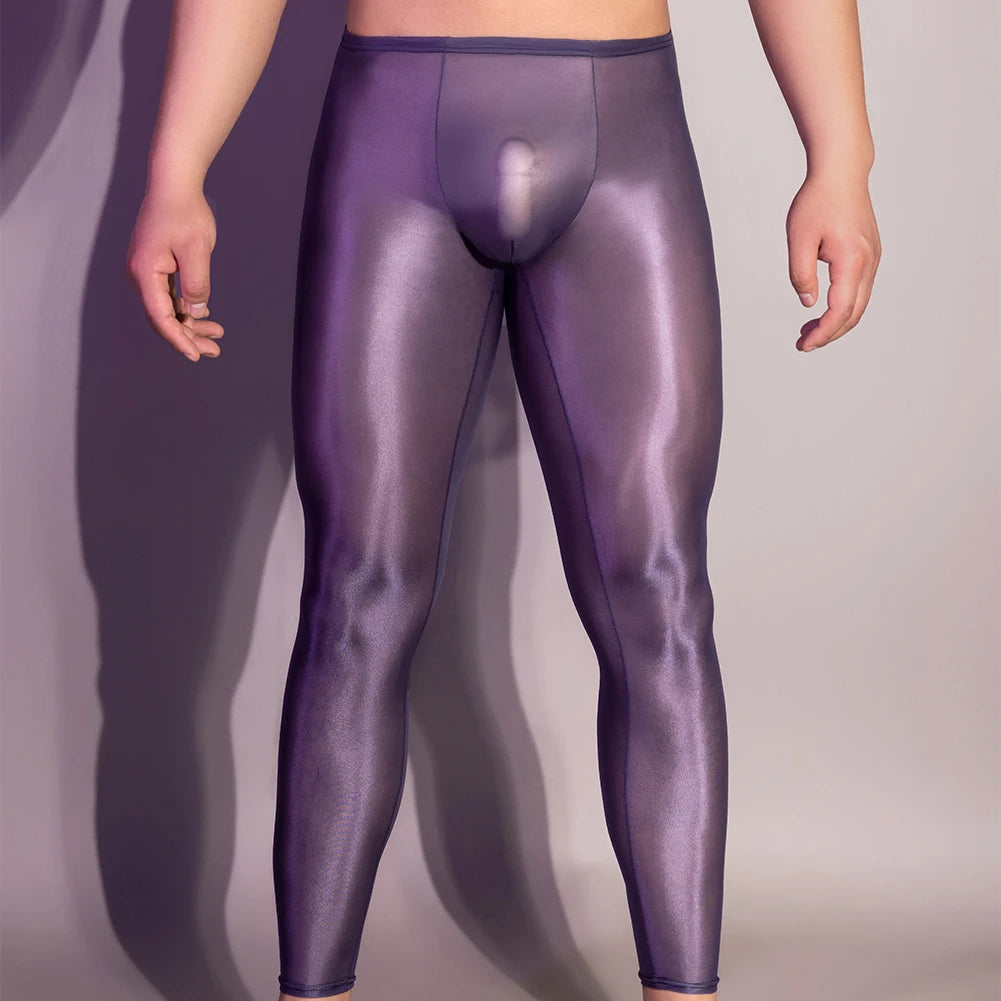 Men's Ultra Thin Oil Shiny Leggings Tight Elastic Sexy Transparent Pouch Underwear Pants Skinny Trousers Man Exotic Pants