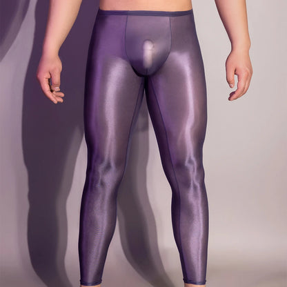 Men's Ultra Thin Oil Shiny Leggings Tight Elastic Sexy Transparent Pouch Underwear Pants Skinny Trousers Man Exotic Pants