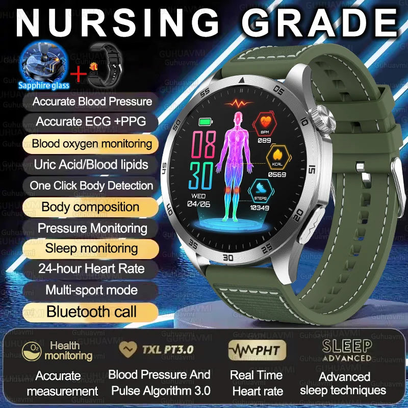 2025 New Nursing Grade Smart Watch ECG+PPG Blood Lipid Blood pressure Uric Acid HD Bluetooth Call Clock Health Smart Watch Men