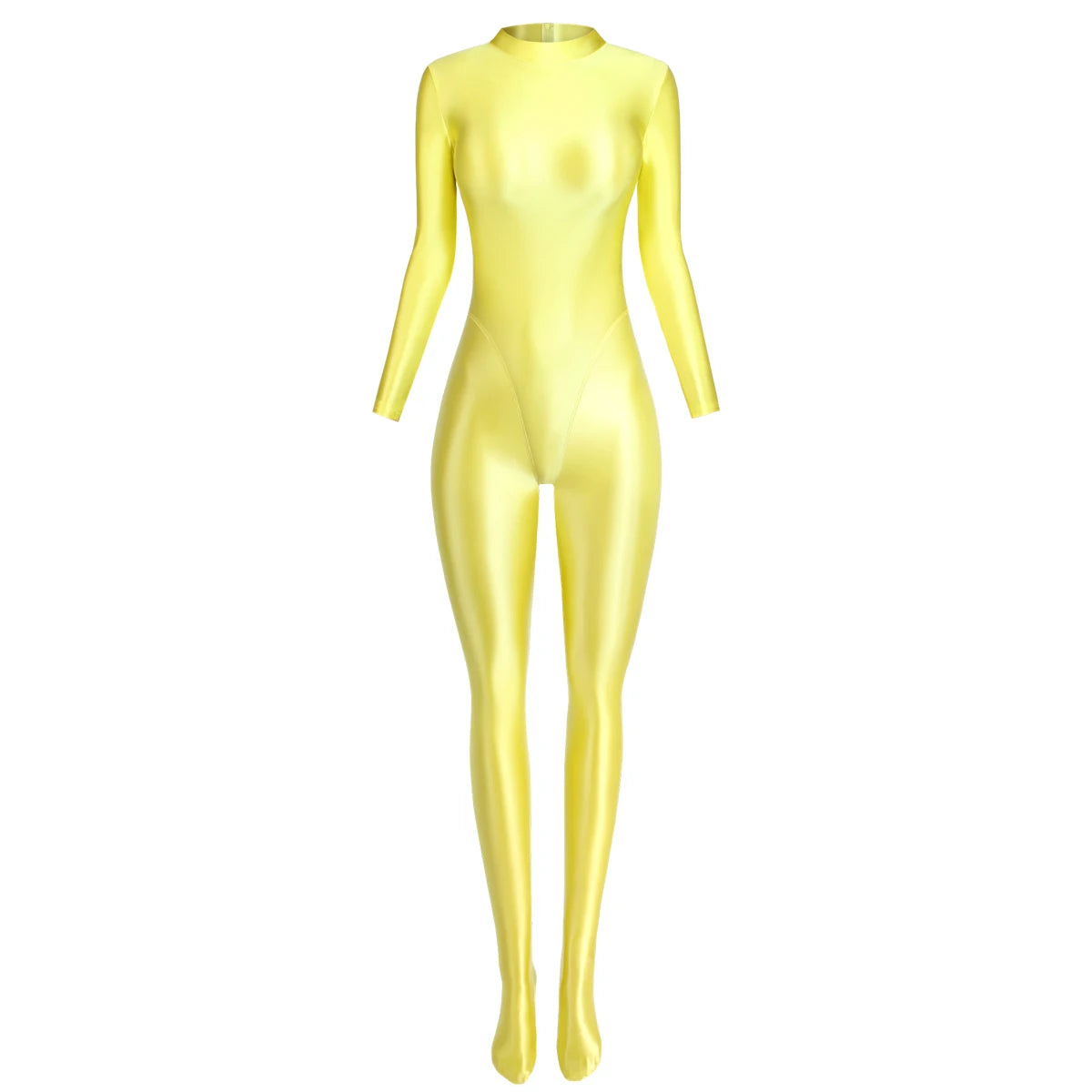 MJINM Glitter Shiny Satin High Stretch V-crotch Longsleeve Back Zipper Yoga Fitness Jumpsuit Bodysuit Playsuit Catsuit Homewear