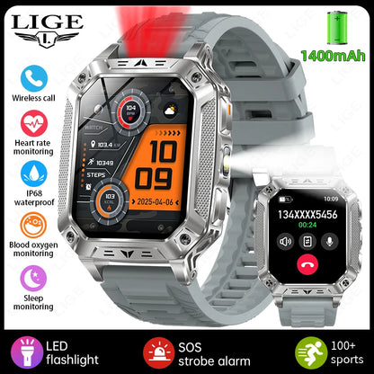 LIGE 1400mAh Large Capacity Battery Smart Watch Men Outdoor SOS Flashlight IP68 Sports Fitness Tracker Voice Calling Smartwatch