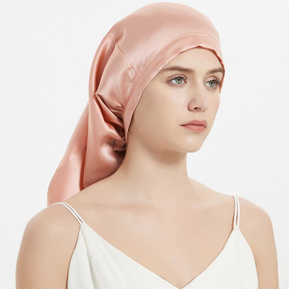 100% Mulberry Silk Sleeping Cap Long Hair Night Silk Sleep Bonnet Cover for Women for Hair Care 60*33CM