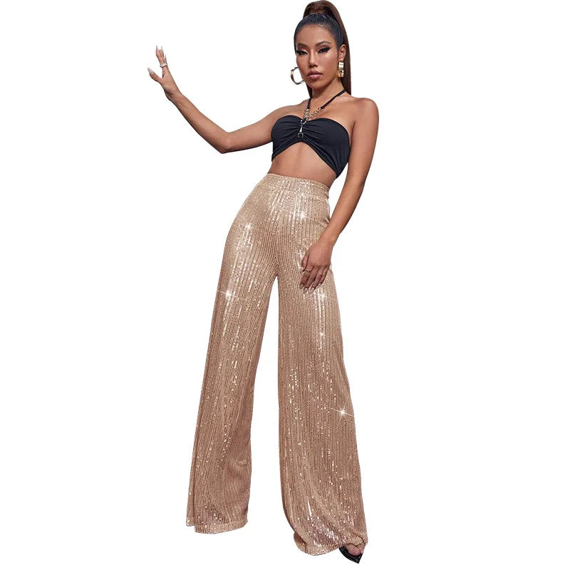 Vintage Bling Bling Sequined Pants Sexy Women High Waist Elegant Night Club Shiny Sequins Trousers