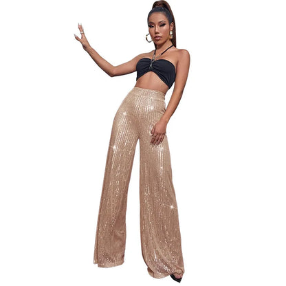 Vintage Bling Bling Sequined Pants Sexy Women High Waist Elegant Night Club Shiny Sequins Trousers