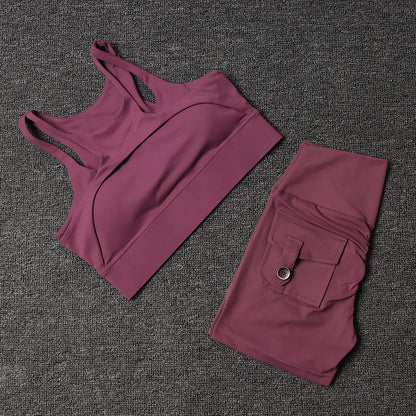 TRY TO BN Fitness Shorts Yoga Sports Bra Sets Women's Tracksuit Sportswear Workout High Waisted Leggings Cycling Gym Suit Pocket