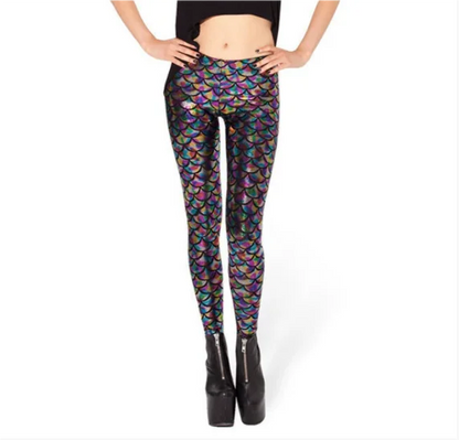 Woman Mermaid Fish Scale Leggings Slim Skinny Leggings Multicolor Printing Spring Summer Running Gym Stretchy Pants Trousers
