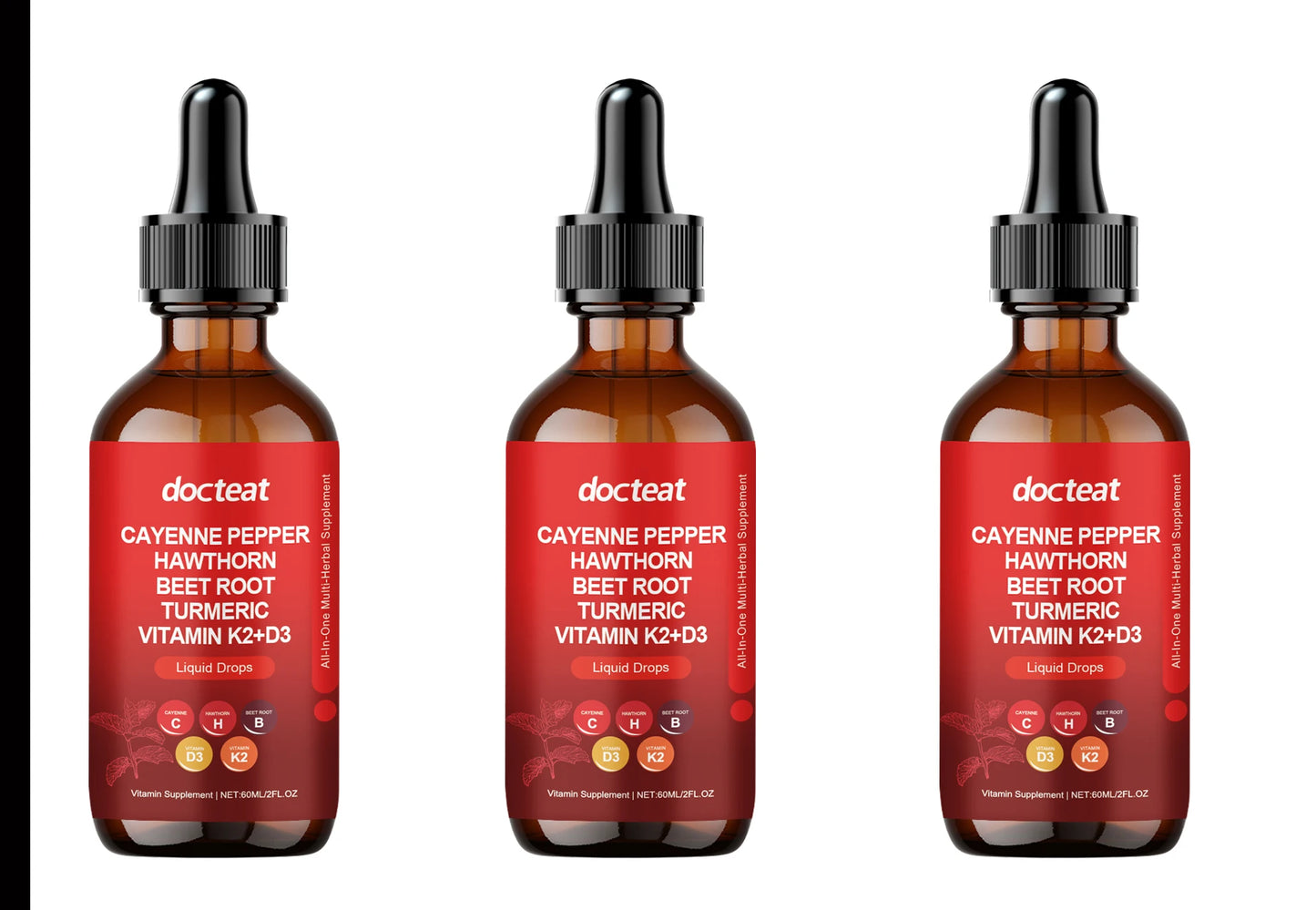 Cayenne Pepper Drops with Hawthorn Berry, Beetroot, Turmeric, and Vitamins D3 & K2 - All-in-One Liquid Supplement