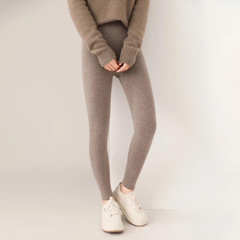 2024 new women's leggings 100% wool knitted high waisted pants, warm, soft, elastic tight pants, slim fit women's cashmere pants