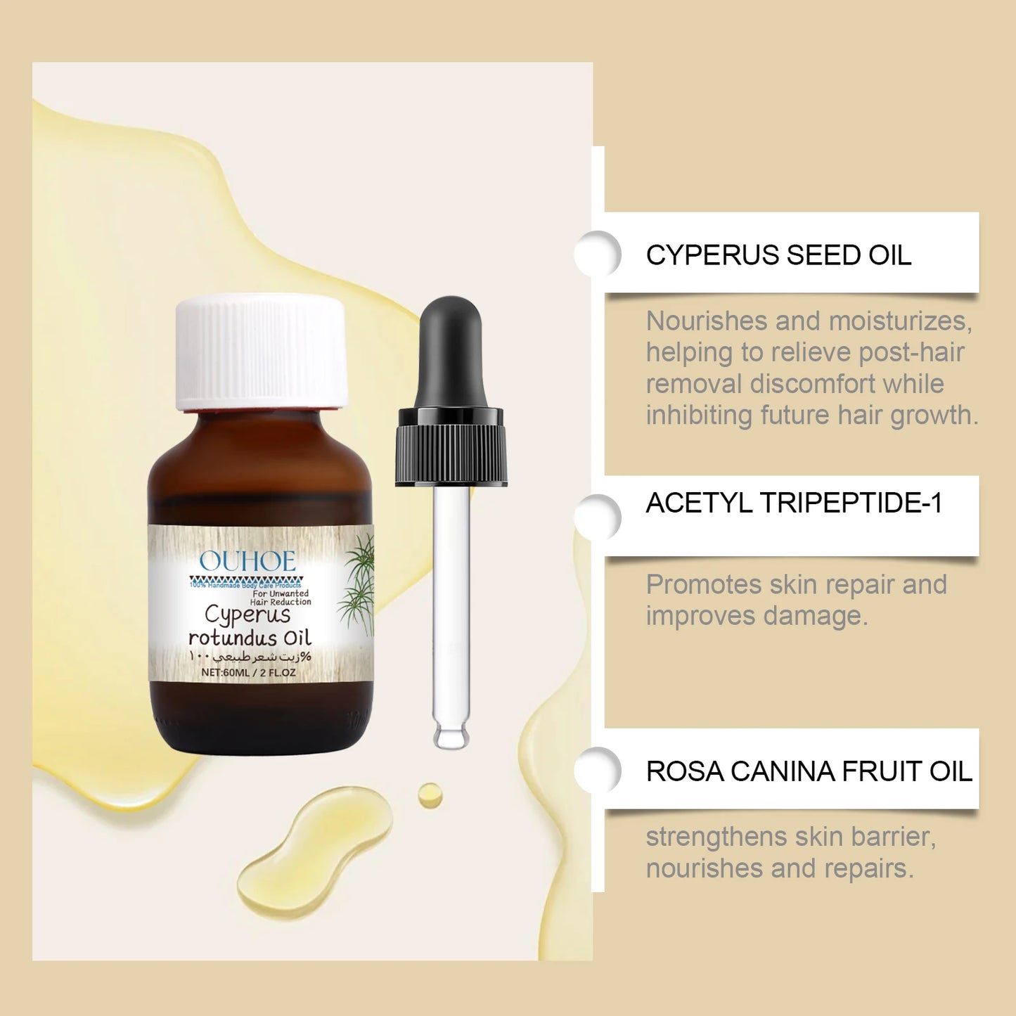 OUHOE Hair Removal Care Oil Inhibit Hair Growth Gentle Formula Nourishing Skin Make Softer Hydrated Suit for Postoperative Care