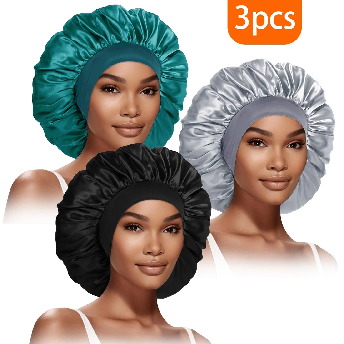 3pcs Satin Bonnet for Women Extra Wide Brim Silk Sleep Cap - Curly Hair Care, Gym & Travel, Breathable Elastic Band