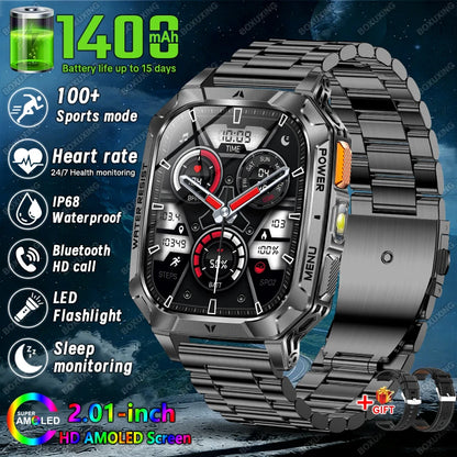 Rugged Military 1400mAh Battery Smart Watch Fitness Tracking IP68 Waterproof Tactical Sports Flashlight 2026 New Men Smartwatch