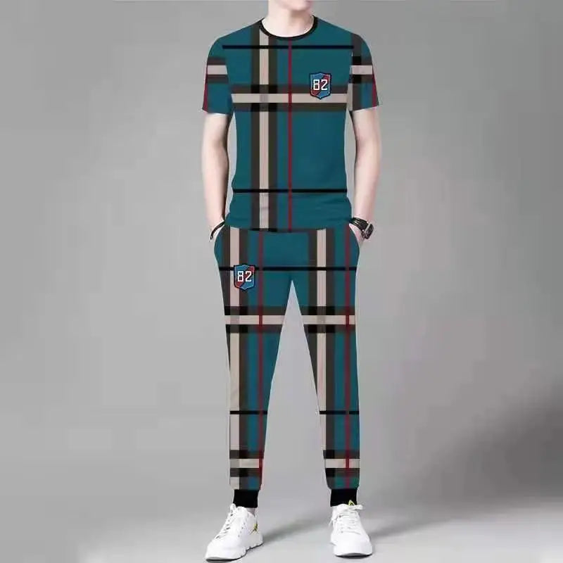 2025 Summer Men's Trousers Tracksuit 2 Piece Set Fashion Sportswear Short Sleeve T Shirt+Long Pants Male Clothing