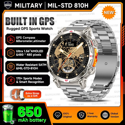 2026 Outdoor GPS Sports Smart Watch Men Built in GPS Compass 5ATM Waterproof Bluetooth Call HD AMOLED Screen Fitness Smartwatch