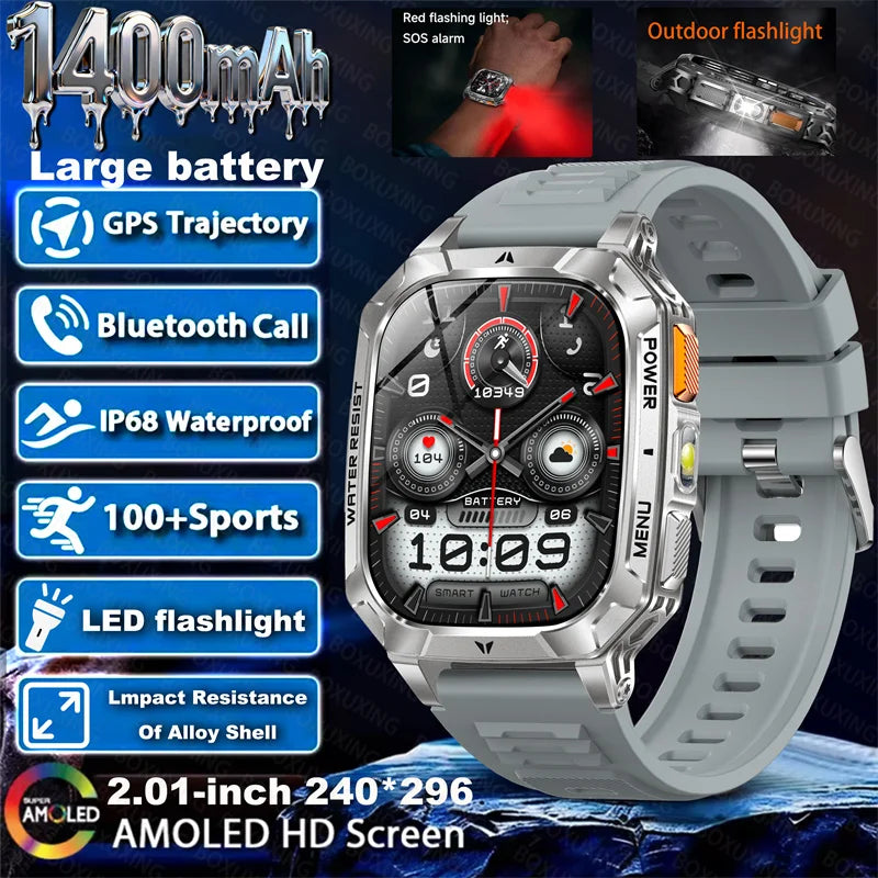 Outdoor military Smart Watch 1400mAh Battery Fitness Tracking 10ATM Waterproof Tactical Sports Flashlight Men's Phone Watches