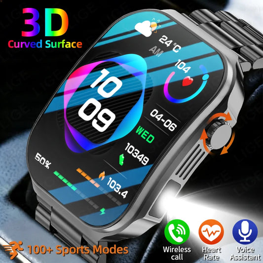 LIGE New 2.2-inch 3D Curved Screen Smart Watch With LED Light Thermometer Health Monitor Smartwatch BT Call Sports Fitness Watch