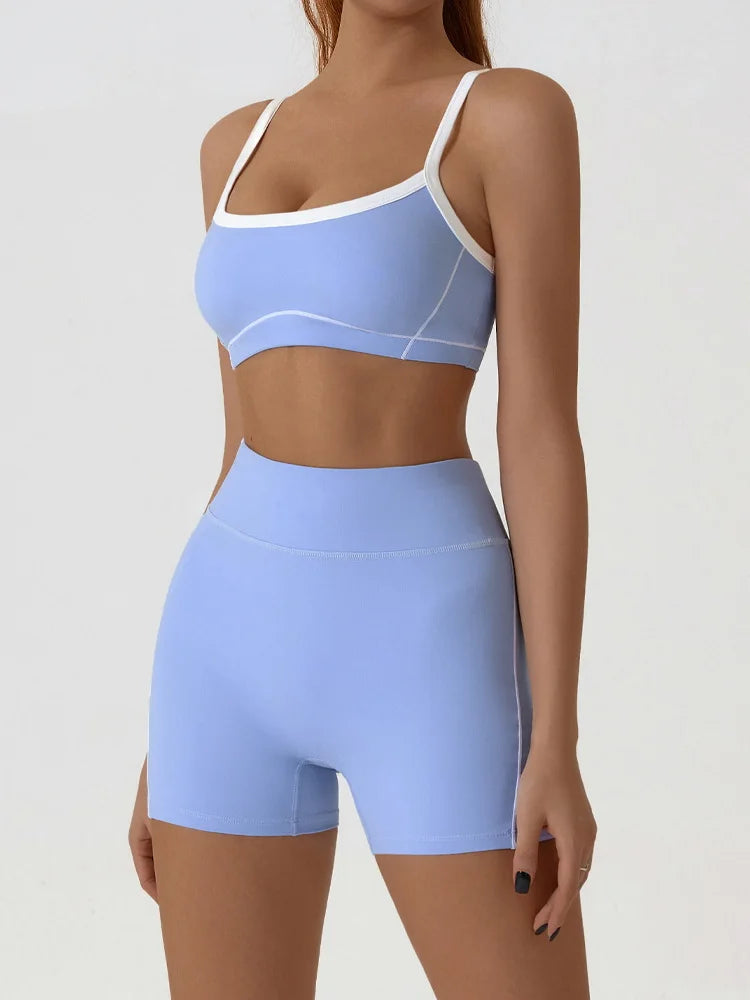 Nude High-elasticity Yoga Suit Contrasting Color Bra Halter Top Hip-lifting Fitness Line Shorts Pilates Sports Set