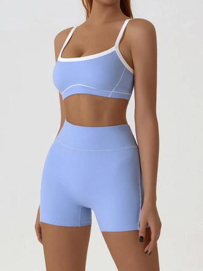 Nude High-elasticity Yoga Suit Contrasting Color Bra Halter Top Hip-lifting Fitness Line Shorts Pilates Sports Set