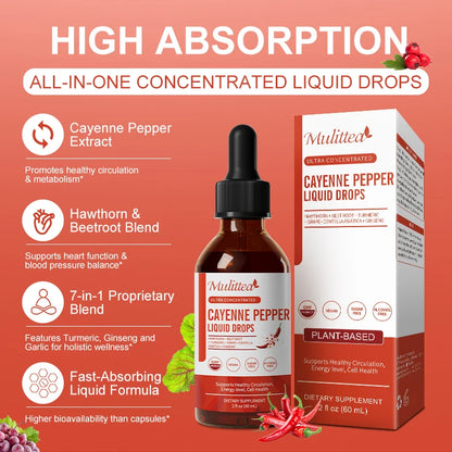 Mulittea Cayenne Pepper Liquid Drops 500mg Organic Cayennee Pepper Supplement- Supports Cardiovascular Health, Improve Digestion