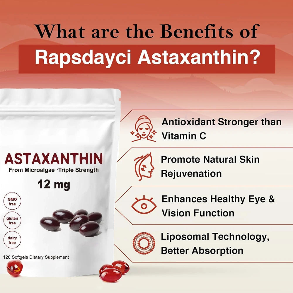 Astaxanthin 12mg - 120 Softgels | Premium Astaxanthin Antioxidant Supplements | Fresh Microalgae | Non-GMO, Gluten Free Soy-Free