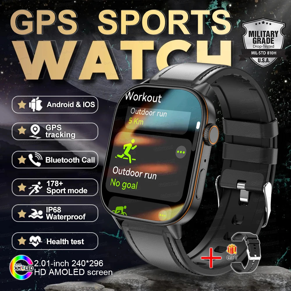 2025 New Outdoor Military GPS Smart Watch 2.01-inch AMOLED Screen BT Call 178+ Sport Mode IP68 Waterproof Smartwatches Man Women