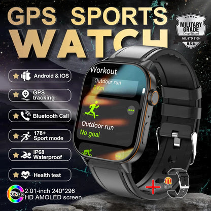 2025 New Outdoor Military GPS Smart Watch 2.01-inch AMOLED Screen BT Call 178+ Sport Mode IP68 Waterproof Smartwatches Man Women