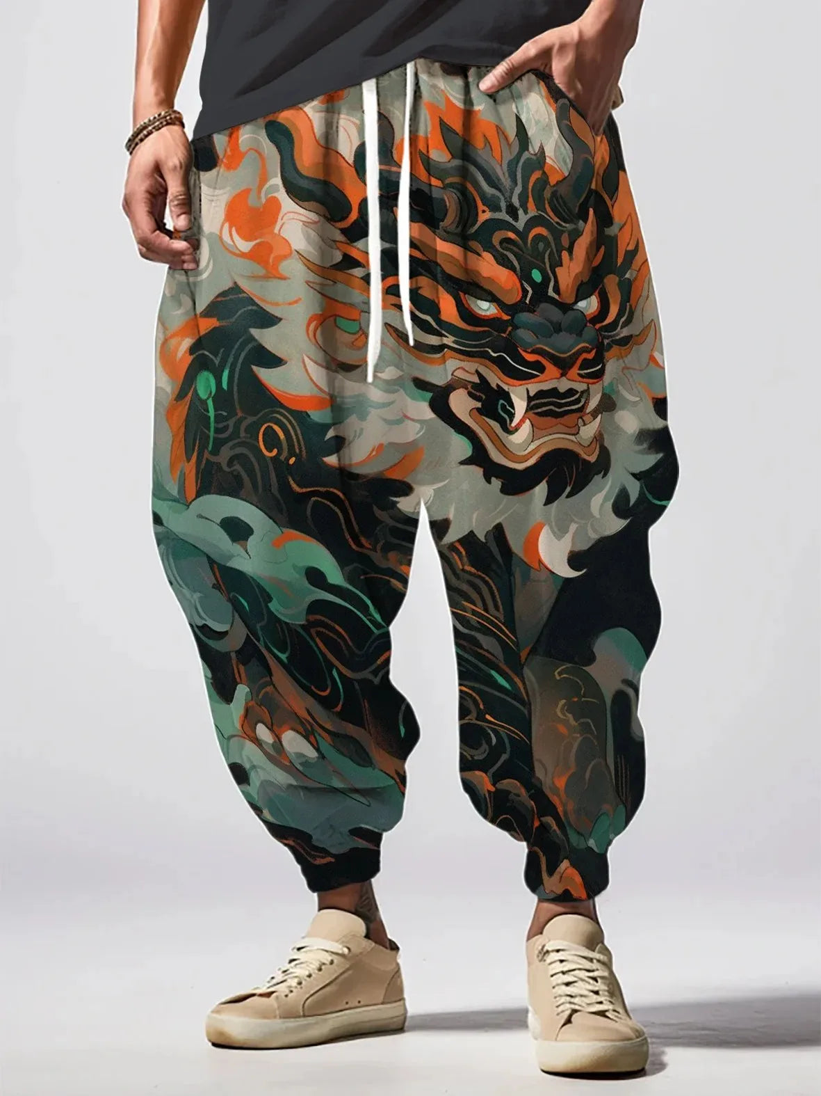 Fashion Men's Long Trousers Holiday Abstract Dragon Pattern Print Loose Drawstring Waist Sweatpants Oversized Autumn Bottoms