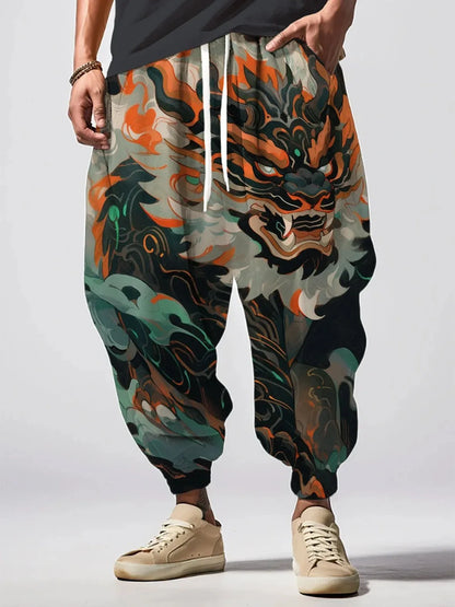 Fashion Men's Long Trousers Holiday Abstract Dragon Pattern Print Loose Drawstring Waist Sweatpants Oversized Autumn Bottoms