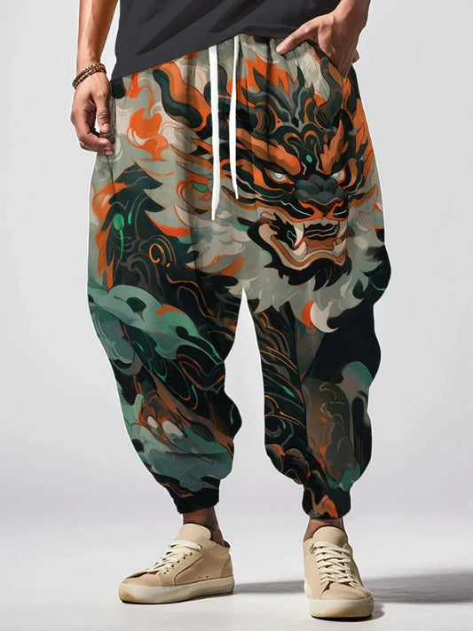 Fashion Men's Long Trousers Holiday Abstract Dragon Pattern Print Loose Drawstring Waist Sweatpants Oversized Autumn Bottoms