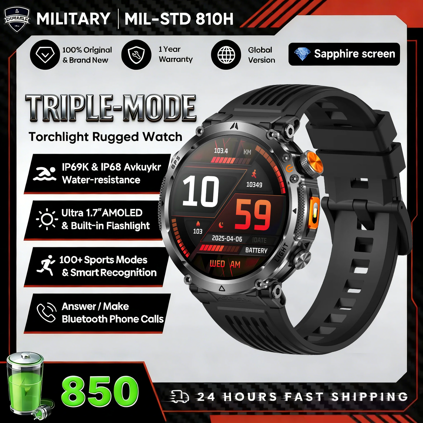 2026 New Military GPS Sports Smart Watch Men Compass 3ATM Waterproof Swim Fitness Tracker AMOLED HD SmartWatches 850Mah Battery