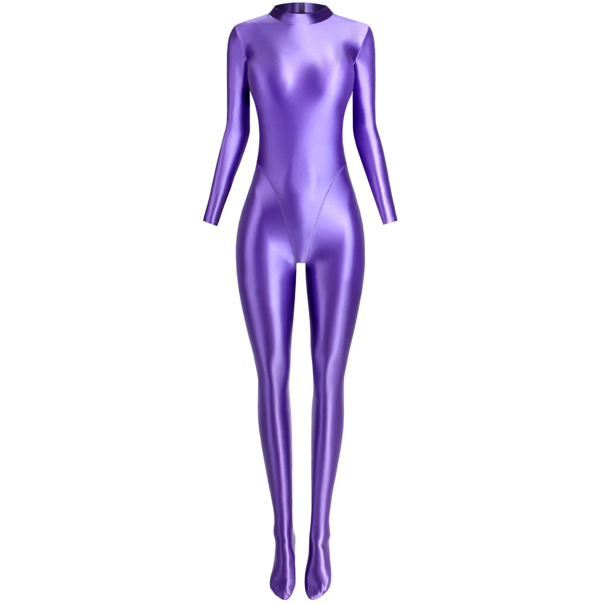MJINM Glitter Shiny Satin High Stretch V-crotch Longsleeve Back Zipper Yoga Fitness Jumpsuit Bodysuit Playsuit Catsuit Homewear