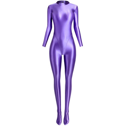 MJINM Glitter Shiny Satin High Stretch V-crotch Longsleeve Back Zipper Yoga Fitness Jumpsuit Bodysuit Playsuit Catsuit Homewear