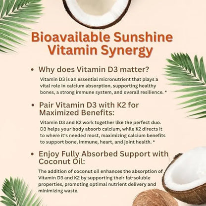 Vitamin D3 10,00 IU + K2 MK-7 200 mcg, 300 Softgels with Virgin Coconut Oil 2-in-1 Vitamins D & K Complex | Extra Strength