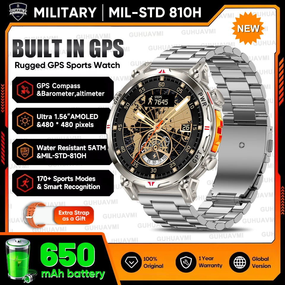 2026 Outdoor GPS Sports Smart Watch Men Built in GPS Compass 5ATM Waterproof Bluetooth Call HD AMOLED Screen Fitness Smartwatch