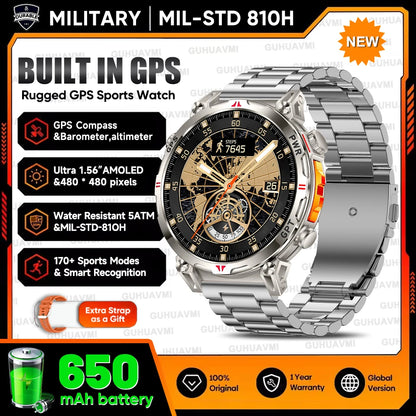 2026 Outdoor GPS Sports Smart Watch Men Built in GPS Compass 5ATM Waterproof Bluetooth Call HD AMOLED Screen Fitness Smartwatch