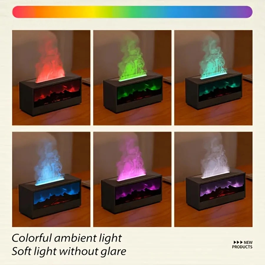 Simulated 3D flame aroma diffuser and humidifier, featuring colorful ambient lighting, remote control, and sonic technology