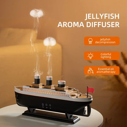 Ship-Shaped Aroma Diffuser, Jellyfish Spray, Colorful Lights, 2 Modes, Timer & Remote for Home Office