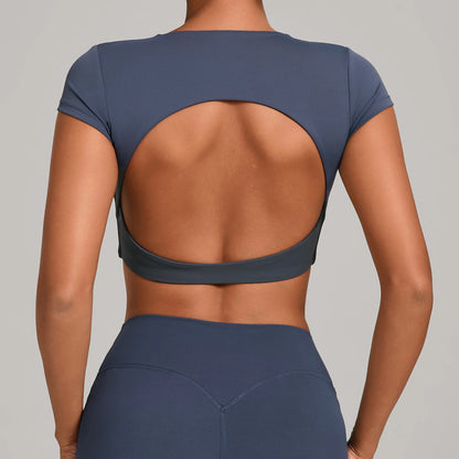 Hollow Backless Short Sleeve Sporty Slim T-shirt Women Crop Top Breathable Quick Dry Gym Workout Top Sport Shirt Fitness Clothes