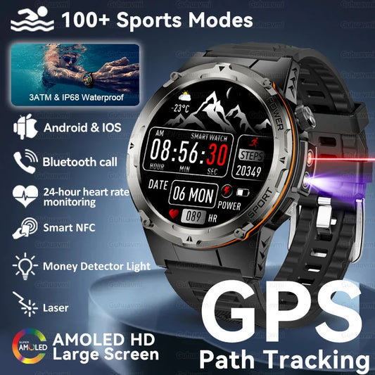 2024 New Military Smartwatch IP68 Waterproof outdoor Sports Fitness tracker health monitor BT call 365nm UV+ infrared