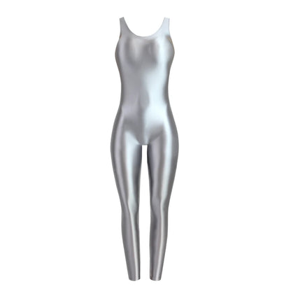 MJINM Glossy Spandex Smooth Stretch Sleeveless Bodybuilding Yoga Tight Vest Footless Leggings Jumpsuit Bodysuit Catsuit Playsuit