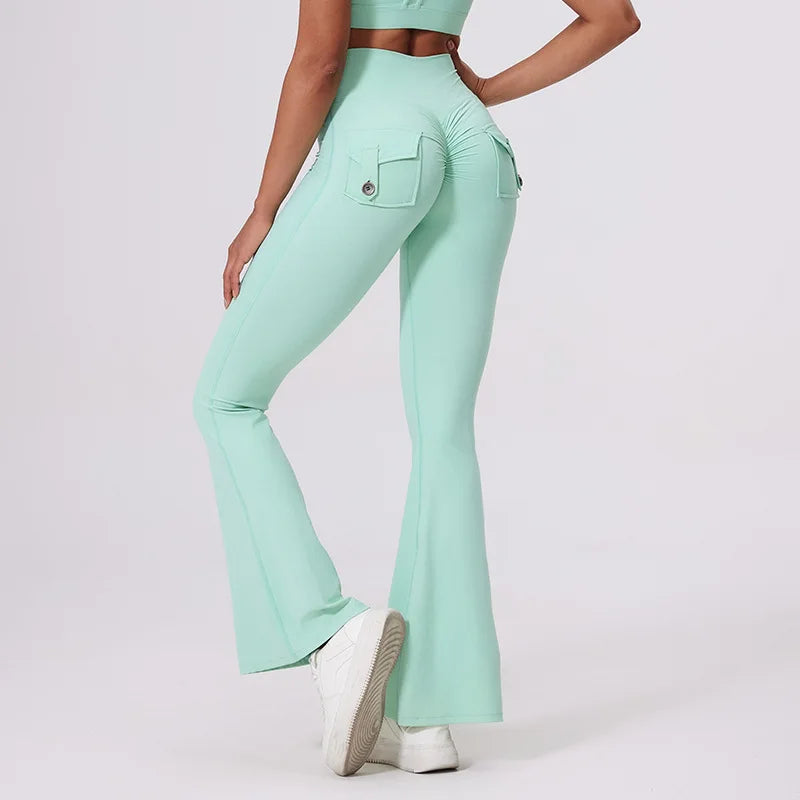 Workwear Pocket Pants, Women's Peach Bell Bottom Pants, Hip Lifting Sports Leggings, Fitness Pants, Micro Bell Bottom Pants